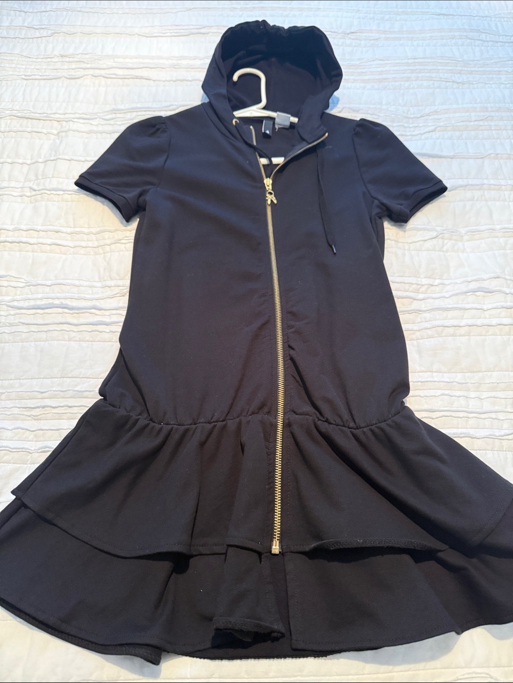 Girls Black Hooded Zip-Front Ruffle Dress